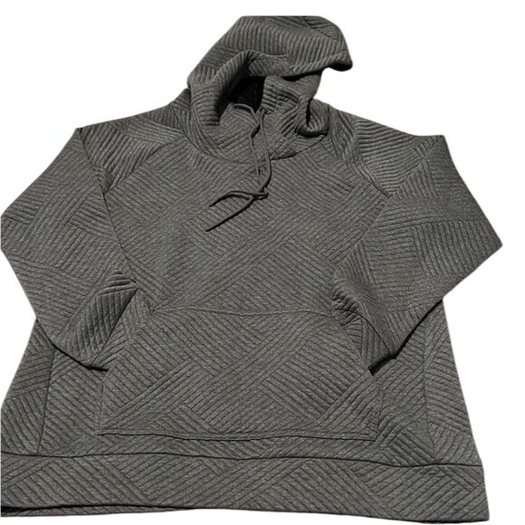 Green tea sz L hooded geometric quilted pullover raglan sleeves pouch pocket GUC - Picture 1 of 11
